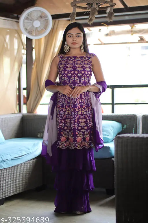 Miss Ethnik Women’s Purple Color Full Stitched Faux Georgette Top and Palazzo with Santoon Inner and Faux Georgette Dupatta Embroidered Kurta Palazzo Set (164-Purple)