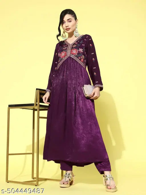 KVSFAB Wine Fancy Velvet Cording Zari Sequence Embroidery Pleated Kurta With Pant