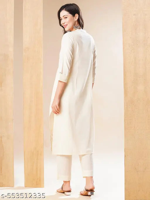 Globus Women Off-White Embroidered Yoke Straight Kurta & Pant Set