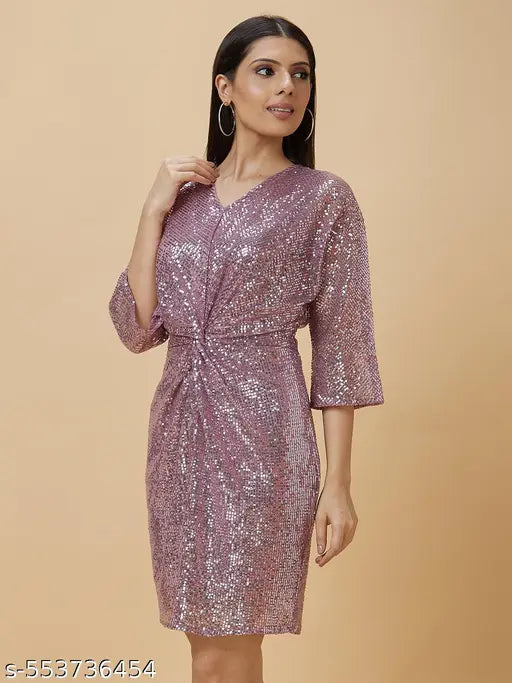 Globus Women Pink Embellished V-Neck Midi Bodycon Dress with Twist Waist Detail