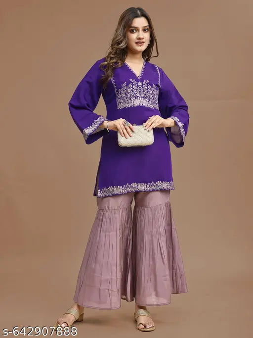 Purple Silk Blend Embroidered Top With Mauve Sharara