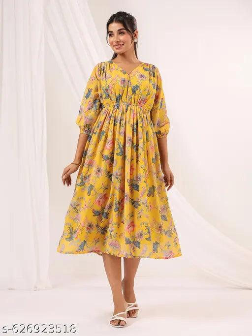 Janasya Women's Yellow Georgette Floral Printed A-line Dress
