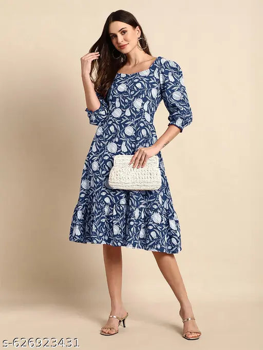 Janasya Women's Indigo Pure Cotton Floral Printed A-line Dress