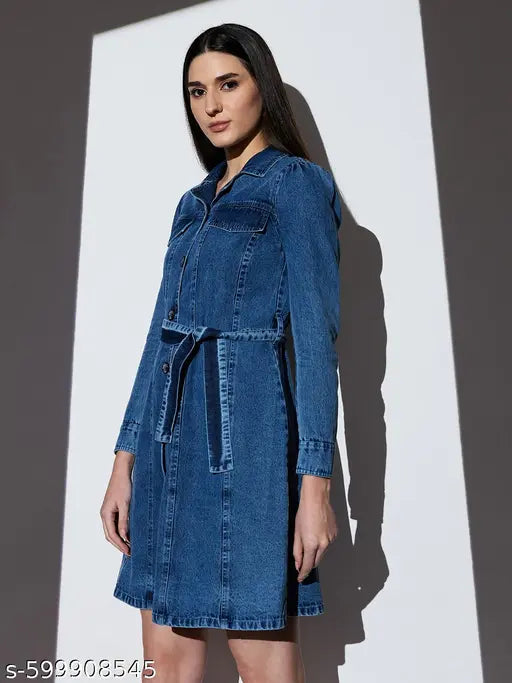 Globus Women Med Blue Cuban Collar Cuffed Sleeves Pocket Detail Mini Denim A-Line Shirt Dress With Belt