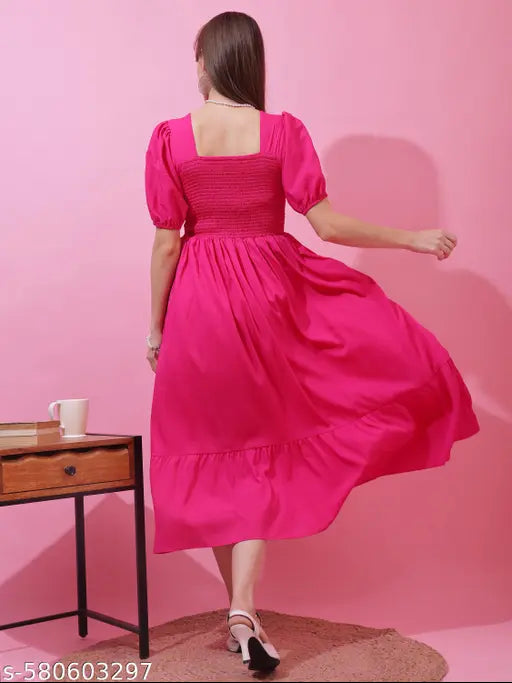 Honky Tonky Pink Solid Smocked Fit & Flare Midi Dress with Puff Sleeves