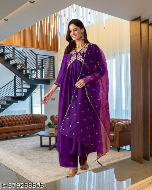 New Trending  Vichitra Silk Embroidery Purple Kurta Set Bottom with Organza Dupatta