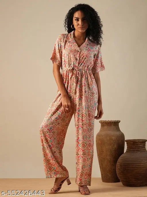 Globus Women Pink CubCollar Geometric Print Waist Tie-Ups Fusion Jumpsuit