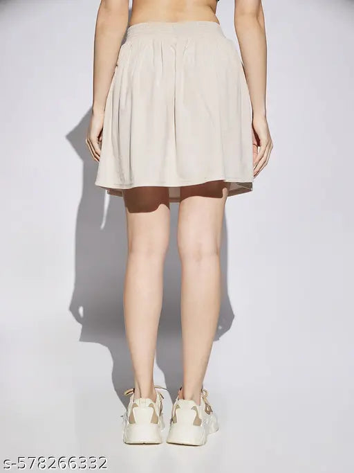 Globus Women Beige Self Design Smocked & Pleated Waist A-Line Mini Skirt