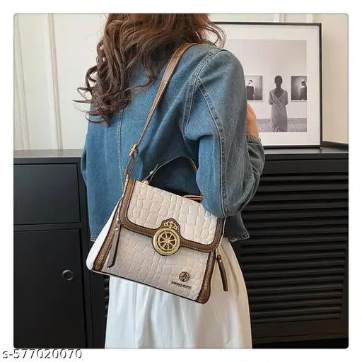 Fantastiqo Luxury Croc-Patterned Top-Handle Bag with Decorative Wheel Clasp-White