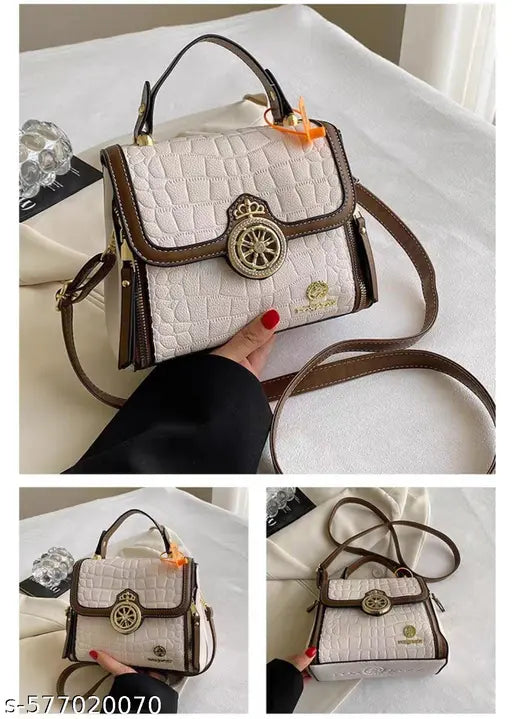 Fantastiqo Luxury Croc-Patterned Top-Handle Bag with Decorative Wheel Clasp-White