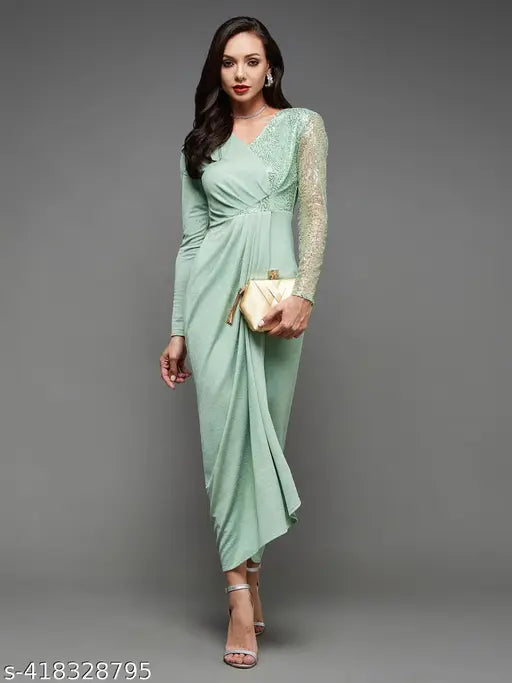 Miss Chase Women's Mint Embellished V-Neck Full Sleeve Polyester Pleated Slim Fit Longline Dress