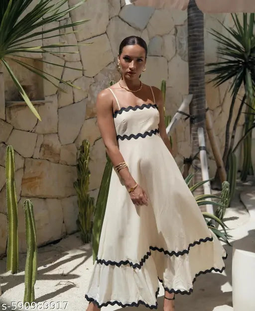 Honky Tonky Off White Cotton Maxi Dress with Black Wavy Trim