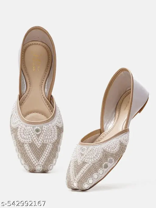 JM LOOKS Women's & Girls Ethnic Embllished Punjabi Jutti with Zardosi Beads Work Slip-On Shoes Flat Heel Round Toe Shoes for Wedding Party & Festival Occasion-White