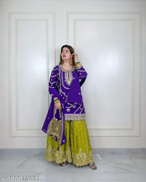 Purple Embroidered Kurta with Green Sharara & Dupatta – Festive Ethnic Wear Set for Women
