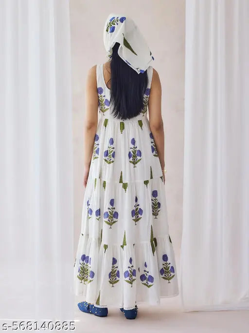 FIORRA Women's Off-White Floral Printed Cotton Maxi Dress