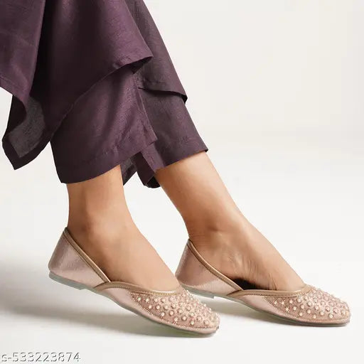 Women Bellies Ethnic Flats Pearl & Stone Embellished Comfortable Lightweight Slip-Ons for Festive Elegance