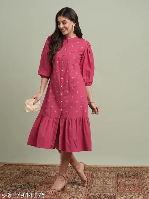 Globus Women Pink Round Neck Puff Sleeves Floral Embroidered Tiered Flared Hem Midi A-Line Dress