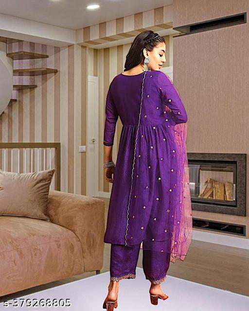 New Trending  Vichitra Silk Embroidery Purple Kurta Set Bottom with Organza Dupatta