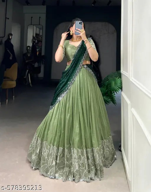 Pista Color Embroidery Work With Silk Lehenga Choli