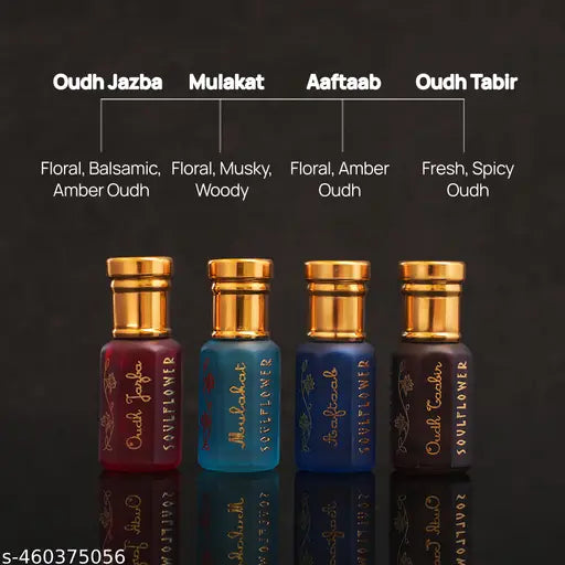 Soulflower Premium Attar Gift Set Alcohol Free luxury Perfume Roll-On for Men & Women, Combination of Fragrance Oudh, Musky, Woody, Floral, Amber, Fresh & Spicy, Set of 4 (5ml Each)