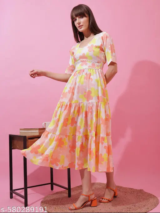 Sheetal Associates Yellow Floral Printed V-Neck Flared Midi Dress