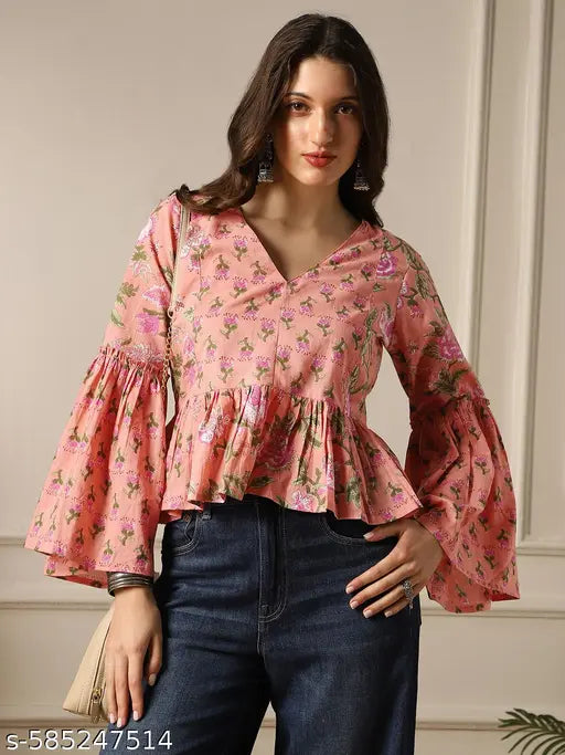 Globus Women Peach V-Neck Bell Sleeves Floral Print Panelled Peplum Tunic