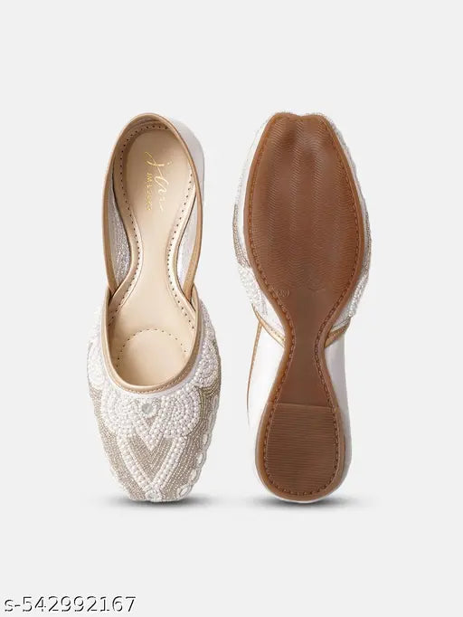 JM LOOKS Women's & Girls Ethnic Embllished Punjabi Jutti with Zardosi Beads Work Slip-On Shoes Flat Heel Round Toe Shoes for Wedding Party & Festival Occasion-White