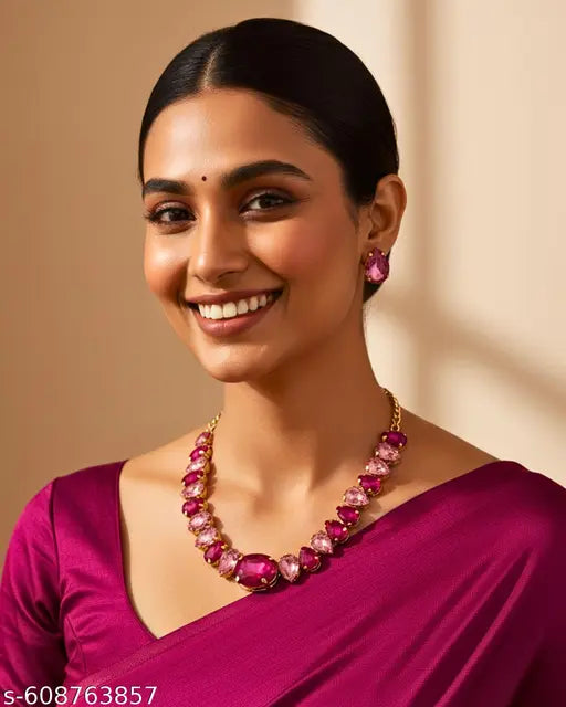 Mansiyaorange Pink Cubic Zerconia AD Stone Amercican  Gold Plated Party Office Function Wear Necklace Imitation Choker Jewelry Set For Women