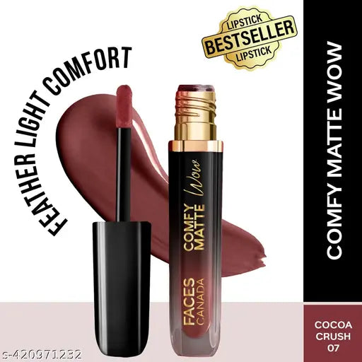 FACES CANADA Comfy Matte Wow Liquid Lipstick - Cocoa Crush 07, 3.8ml | One Swipe Application | Highly Pigmented | Comfortable Wear | Glides Smoothly | Long Lasting | Transferproof