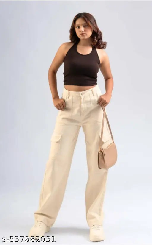 CREAM CARGO SIX POCKET FOR WOMEN//6 POCKET JEANS FOR WOMEN&GIRL//Cream six pocket trendy stylish high cormfort weist wide leg denim jeans