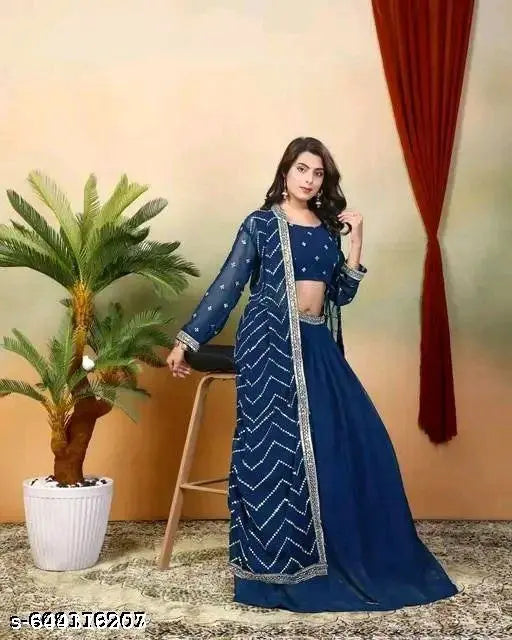 Trendy Women's Embroidered Crop Top & Lahenga Set – Georgette, Round Neck, Three-Quarter Sleeves, Party Wear #TrendyCropTop #EmbroideredTop #WomenCropTop #RedCropTop #BlueShararaSet #GeorgetteCropTop #ShararaSet