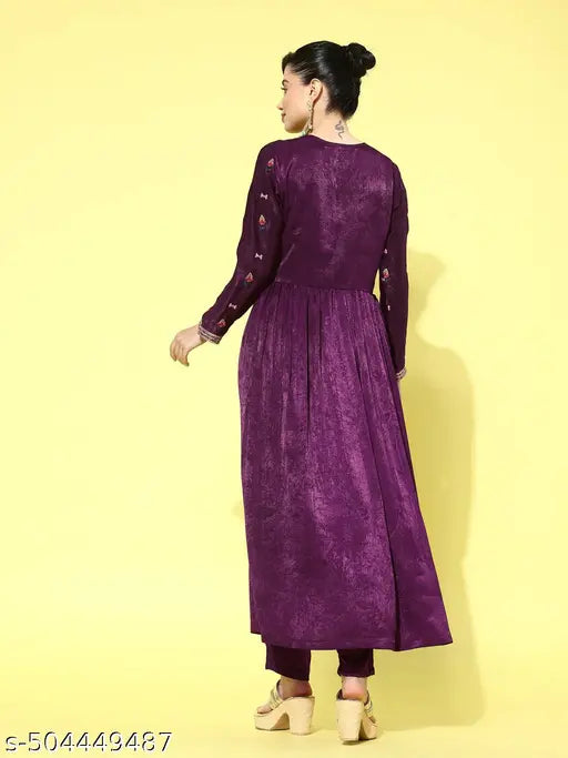 KVSFAB Wine Fancy Velvet Cording Zari Sequence Embroidery Pleated Kurta With Pant