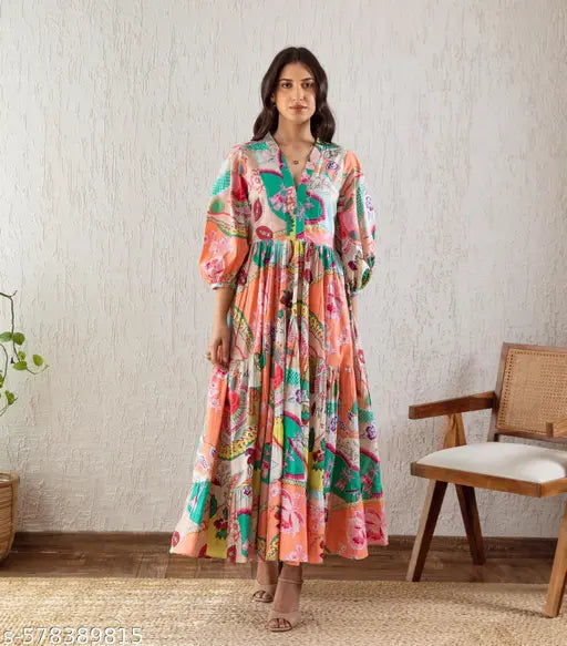 Honky Tonky Women Multi-Colored V-Neck Printed Fit & Flare Maxi Dress