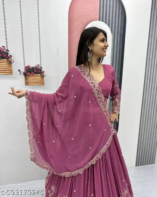 Pink Color Embroidery Work With Silk Lehenga Choli