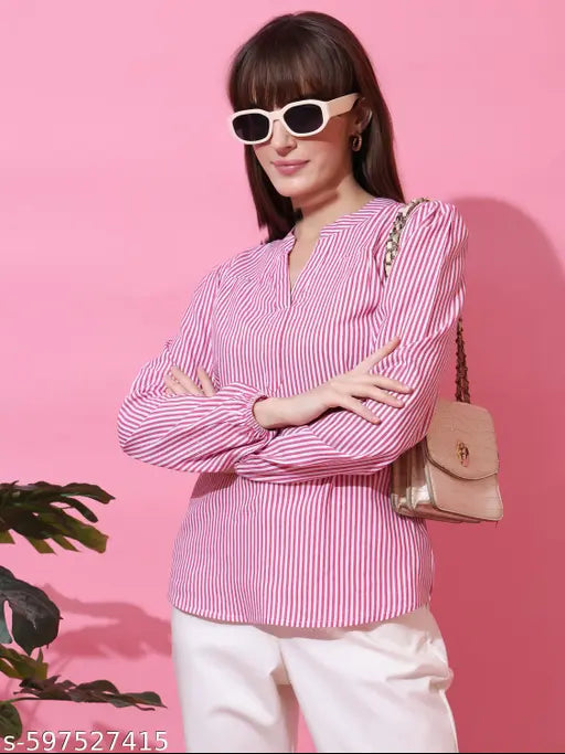 Honky Tonky Women’s Pink & White Vertical Striped V-Neck Casual Top with Long Sleeves
