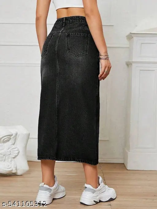 H&H Premium dark  BLACK Whisker Midi DENIM Skirt