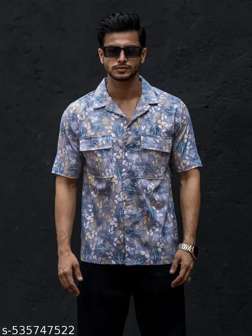 Mens All Over Printed Collar Neck Half Sleeve Dark Grey Cotton Oversized Shirt