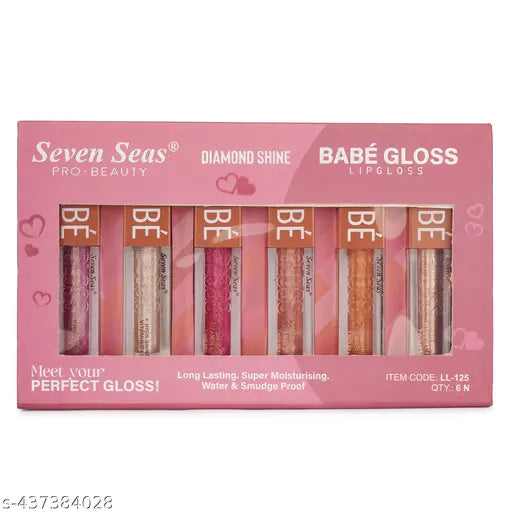 Seven Seas Babe Glittery Lip Gloss Long Lasting Water & Smudge Proof With High Shine Lip Color For Glossy Look |Lightweight Non Sticky Lip shiner For Moisturizing Lips (Pink,Silver,Hot Pink,Rose,Bronze,Penny)Pack of 6