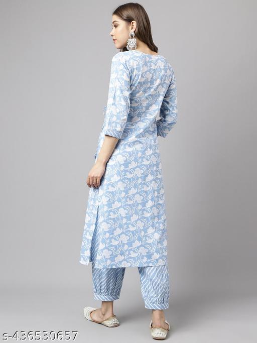 FIORRA Women's Blue Pure Cotton A-line Kurta with Pant