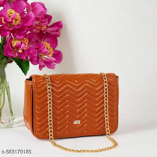 Berrylush Women Solid Tan Synthetic Leather Chain Strap One-Handle Quilted Sling Bag