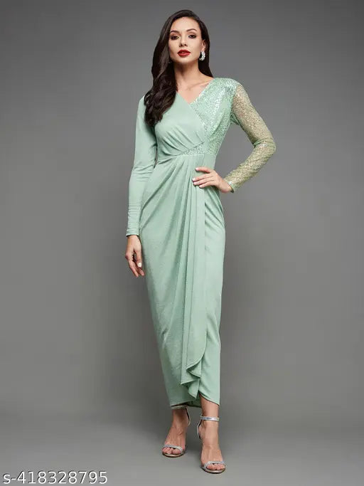 Miss Chase Women's Mint Embellished V-Neck Full Sleeve Polyester Pleated Slim Fit Longline Dress