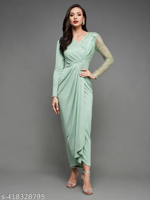 Miss Chase Women's Mint Embellished V-Neck Full Sleeve Polyester Pleated Slim Fit Longline Dress
