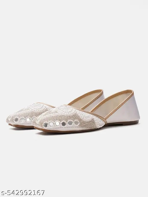JM LOOKS Women's & Girls Ethnic Embllished Punjabi Jutti with Zardosi Beads Work Slip-On Shoes Flat Heel Round Toe Shoes for Wedding Party & Festival Occasion-White