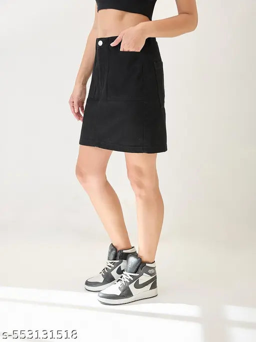 Globus Women Black Cotton Mid Rise Pocket Deatil Mini Denim Skirt
