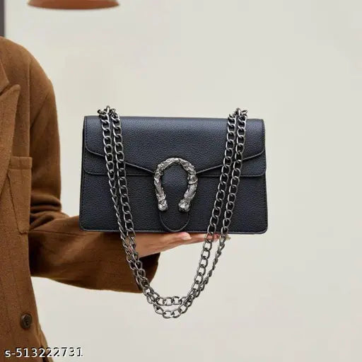 Black Front Lock Decor Chunky Chain Flap Slingbag Or Crossbody Bag For Women/Girls