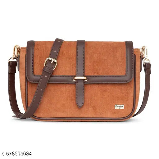 Berrylush Women Solid Brown Fabric Button-Up Detachable Strap Embellished Regular Sling Bag