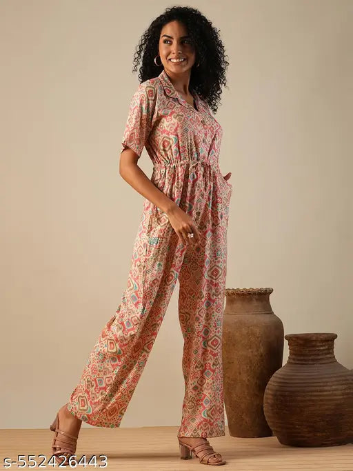 Globus Women Pink CubCollar Geometric Print Waist Tie-Ups Fusion Jumpsuit