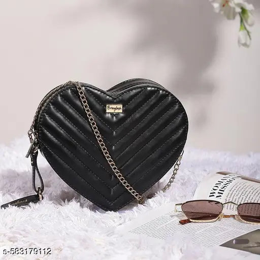 Berrylush Women Solid Black Quilted Pattern PU Detachable Sling Strap Heart Structured Regular Sling Bag