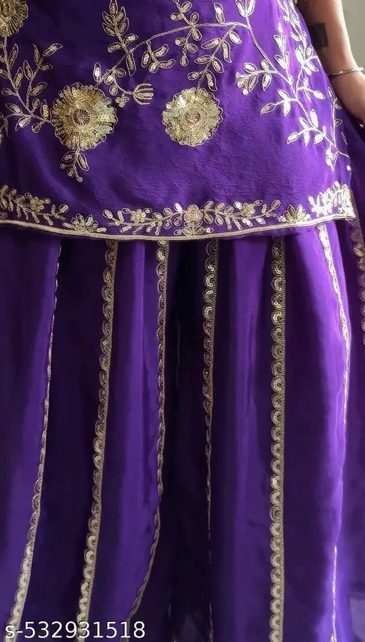 Pure Heavy  Chinon  Silk fabric  With Heavy Embroidery Multi Needle Sequence Work With Full Embroidery Sleeve and sharara for girls