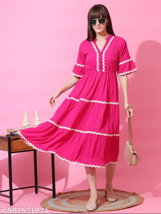Honky Tonky Pink Tiered Fit & Flare Midi Dress with White Wavy Trim and Half Sleeves